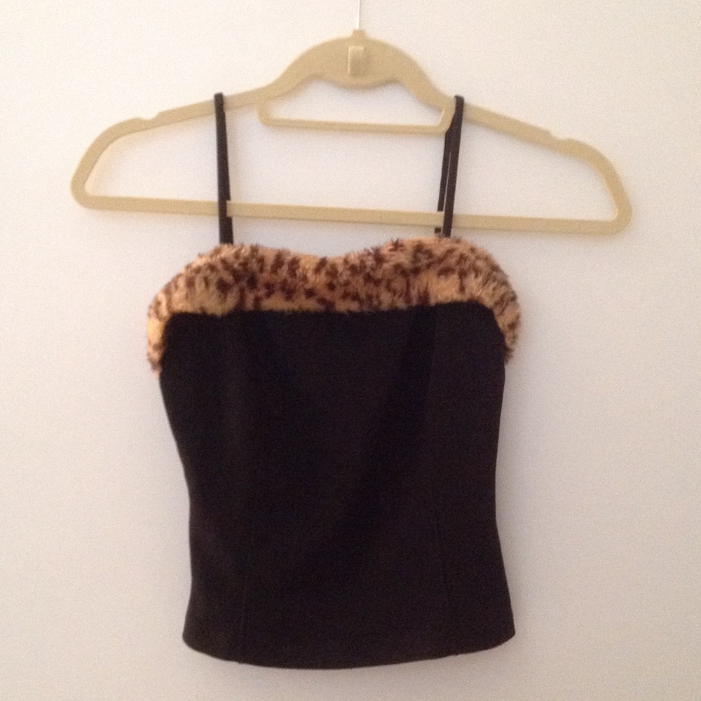 Furry cheetah neckline black corset tank
